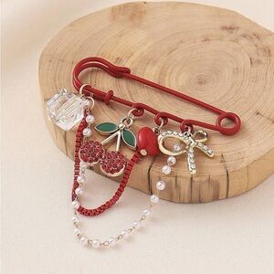 Red Cherry Charm Brooch with Gold Accents